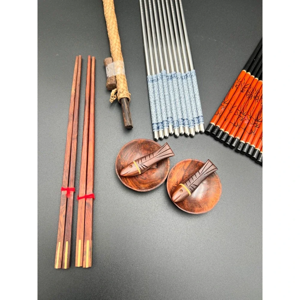 Chopstick Set Bamboo Wood Stainless Steel 20 Pairs Fish Rests Silk Sleeves